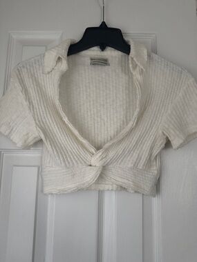 Urban Outfitters Cream Ribbed Tie-Front Crop Top